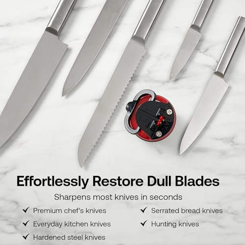 AnySharp Knife Sharpener | Hands-Free Safety, PowerGrip Suction | Safely Sharpens All Kitchen Knives | Ideal for Hardened Steel & Serrated | World's Best | Compact, One Size | Red