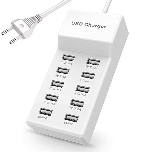 Image of WeFly USB Mobile Charger, Charging Station with Turbo Charging Auto Detect Technology Safety Guaranteed 10-Port Smart USB Ports for Multiple Devices Smart Phone Tablet Smart Watch (White)