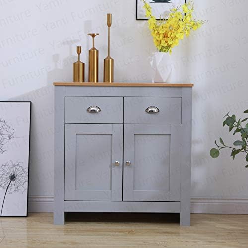 Yaermei Homeke Storage Sidebard Living Room Cabinet with Drawers Hallway Organiser Cupboard White/Grey+Oak Top (grey+oak top, Sideboard with 2 Drawers and 2 Doors)