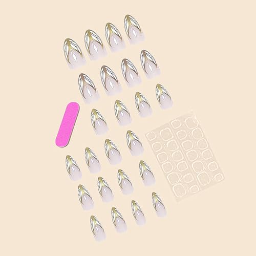 Pureglow Co Medium Press On Nails French Almond Fake Nails Gold Butterfly False Nails Tip With Lines Designs Acrylic Nails Nude Pink Glue On Nails Reusable Artificial Nails Cute Stick On Nails For Women 24Pcs thumb #3