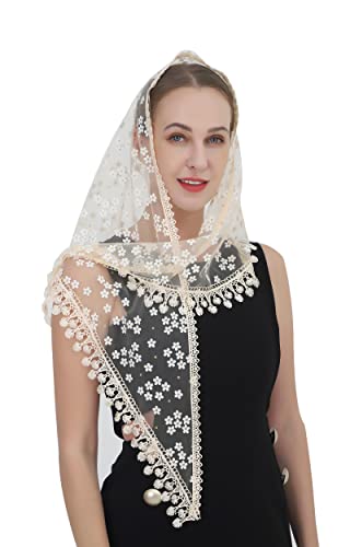 Velo de encaje Mantilla velo chal o bufanda de masa latina cabeza cubierta con encaje con flecos, Champán2., M
