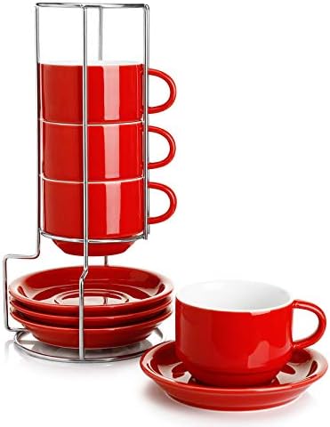 Sweese 8 Ounce Porcelain Stackable Cappuccino Cups with Saucers and Metal Stand - for Specialty Coffee Drinks, Cappuccino, Latte, Americano and Tea - Set of 4, Red - 406.404