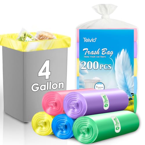Image of Teivio Small Colorful Clear Trash Bags 4 Gallon 200 Count Garbage Bags | Fit 12-15 Liters,3.5,3.8,4,4.5Gal,Multicolor Mini Plastic Waste Basket Bins Can Liners for Bathroom Office Car dog poop bags