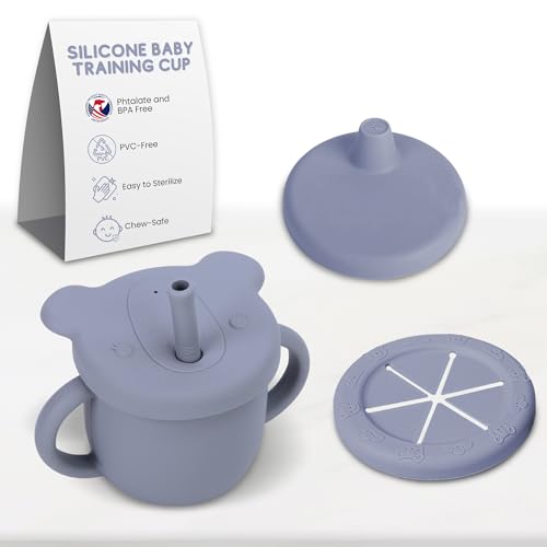 Image of ELBEBE Silicone Baby Training Cup - Versatile Cups for Babies w/ 3 Lids & Straw - Use as Sippy Cup, Straw Cup or Solid Food Cups for Toddlers - BPA Free Toddler Cup (Brick Red color, 250ml)