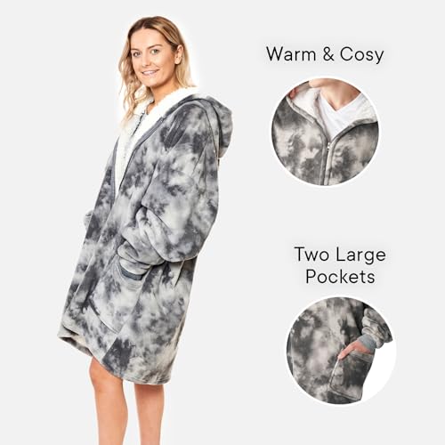 Dreamscene Tie Dye Oversized Hoodie Zip Up Womens Sherpa Fleece Wearable Blanket Giant Sweatshirt Cardigan Jumper, Charcoal Grey