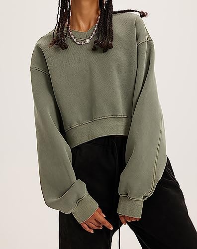 Meladyan Women Casual Cropped Sweatshirt Basic Solid Long Sleeve Fleece V Neck Loose Drop Shoulder Pullover Crop Tops Vintage3