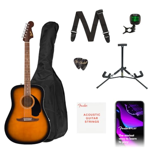 Image of Fender California Debut Redondo Series Acoustic Guitar Pack, Beginner Guitar, 2-Year Warranty, Includes Gig Bag, Stand, and More, 2-Color Sunburst