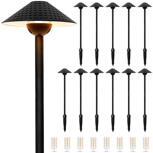 Gardencoin Low Voltage Pathway Lights (6.69\'\' Shade, 21.54\'\' Tall) 12V Outdoor LED Landscape Pathway Lighting Aluminum Vintage Hammered Path Lights with 4W 2700K Replaceable Bulb, 12 Pack