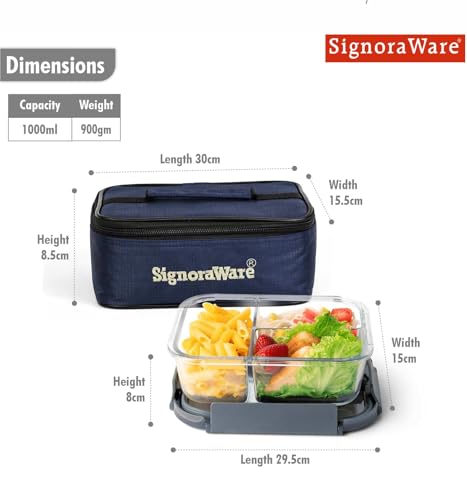 Image of SignoraWare Slim Borosilicate Glass Lunch Box With Bag | Airtight & Leakproof | Microwave Safe | Crack Resistant | Ideal for Office, Picnic & Outdoors | Great for Storing Leftovers (1 Ltr | Clear)