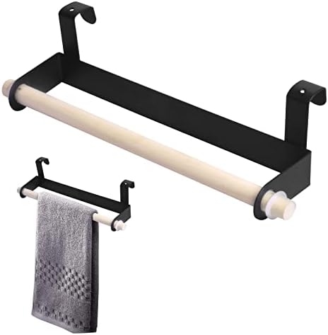 Over Door Towel Rail for Bathroom, Wall Mounted Tea Towel Rails for Kitchens, Metal Cabinet Towel Rail with 2 Hooks, No Drilling Necessary 23.5cm/9.25in, Black