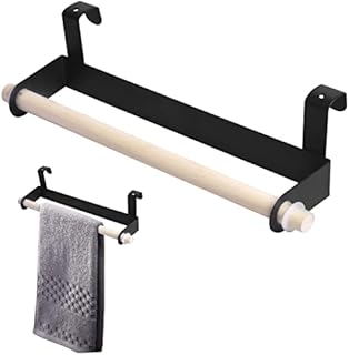 Over Door Towel Rail for Bathroom, Wall Mounted Tea Towel Rails for Kitchens, Metal Cabinet Towel Rail with 2 Hooks, No Drilling Necessary 23.5cm/9.25in, Black