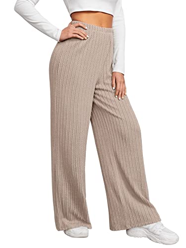 Soly Hux Women's Casual Elastic High Waisted Knit Wide Leg Loose Long Lounge Pants Trousers Solid Khaki M #TOP3