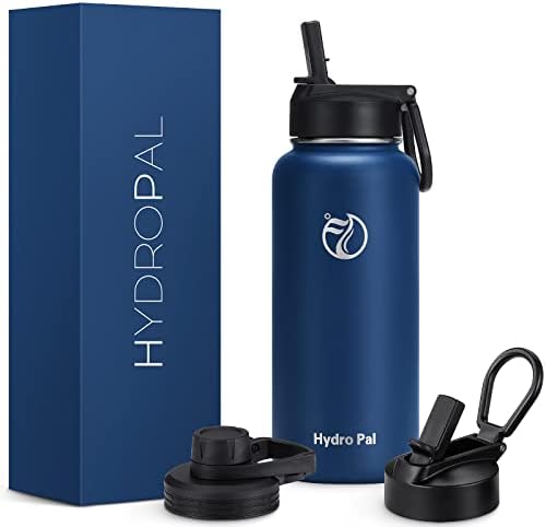 HydroPal Edelstahl Isolierflasche,Trinkflasche mit Strohhalm 2 Deckel 1L | BPA-frei, 24h kalt & 12h heiß Vakuumflasche, auslaufsicher Wasserflasche, Stroh- und Ausgussdeckel Sportf