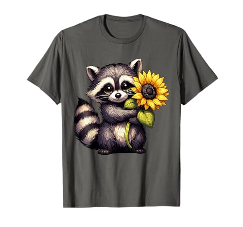 Raccoon Holding Sunflower Cute Flower T-Shirt