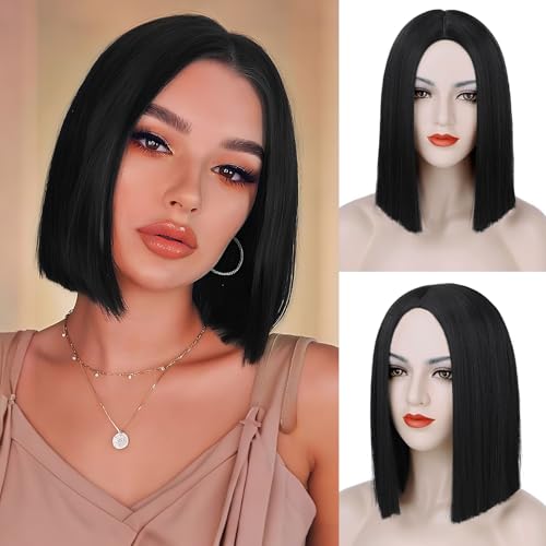 Tereshar Black Bob Wigs for Women Short Straight Bob Without Bangs Middle Part Shoulder Length Heat Synthetic Wigs for Daily Party Cosplay Halloween Use(12 inches)