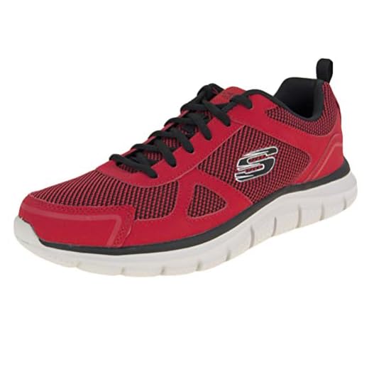 Skechers Track Bucolo, Zapatillas de Running Hombre, Red Leather/Black Mesh/Trim, 44 EU