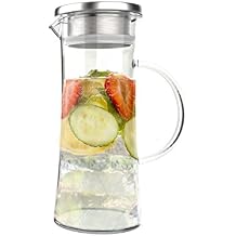 Glass Pitcher - 50-Ounce Carafe with Stainless-Steel Spout Lid - Heat-Resistant for Hot or Cold Brew Coffee, Tea, Punch, and More by Classic Cuisine