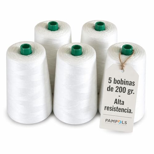 PAMPOLS Pack de 5 Bobinas de Hilo Grueso de Poliéster para Máquina Cosedora de Sacos | Cuerda de Alta Resistencia para Cerrar Costales | 5 Conos de 200 gramos cada uno | Color Blanco