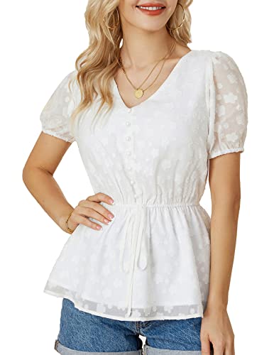 Summer Tops For Women 2023 Chiffon Blouse Mesh Puff Sleeve Casual V Neck Peplum Tops Flowy Tops White #TOP5