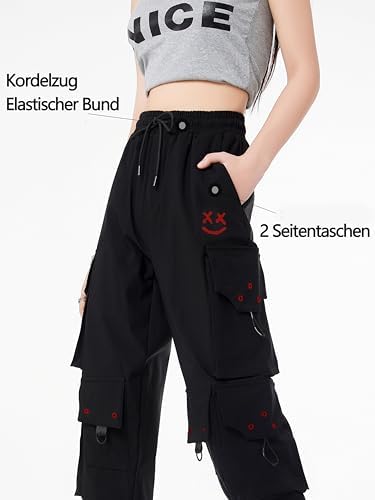 CLOAKA Cargobroek Dames Broeken Joggingbroek High Waist Y2k Gothic Techwear Streetwear Cargobroeken Stretch Comfortabel met Elastiek Losse Baggy Outdoor Hip Hop Print, zwart, XL