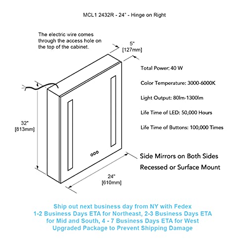 Blossom Recessed or Surface 24 Inch LED Mirror Medicine Cabinet with Lights, LED Medicine Cabinet with Defogger, Dimmer, Outlets & USB Ports (24x32/Right Hinge)