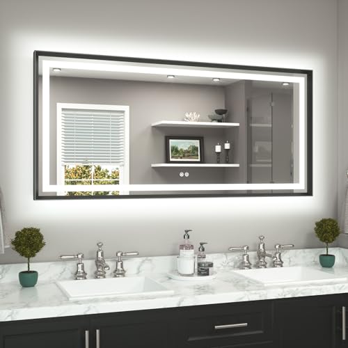 TETOTE 60 x 28 Large Bathroom Mirror Brushed Black Metal Frame Frontlit & Backlit Vanity Mirror 3 Colors White/Warm/Natural Stepless Dimmable Anti-Fog Bathroom Mirrors for Vanity Wall-Mounted