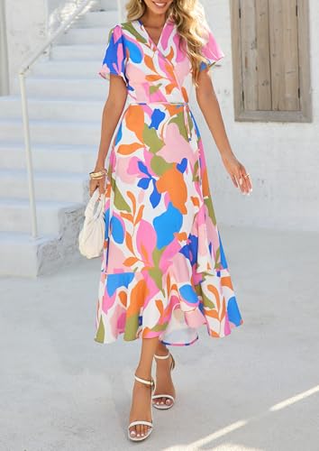 Image of PRETTYGARDEN Women's Summer Wrap Maxi Dress Casual Boho Floral V Neck Short Sleeve Ruffle Hem Split Beach Long Dresses
