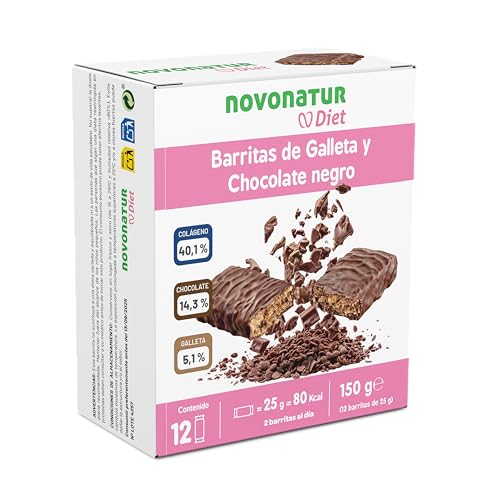 Barritas Chocolate Saciantes | Sabor Chocolate Negro con Galleta | Comer 1 antes de Comida y Cena junto Vaso de Agua| 25g cada Barrita| Novonatur (Pack 12 barritas, Chocolate negro y galleta)