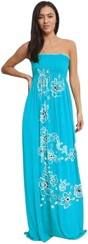 STAR FASHION Women’s Floral Shirred Bandeau Maxi Dress Strapless Seering Boob Tube Sleeveless Elasticated Gathered Long Summer Dress UK Size 8-22 Turquoise