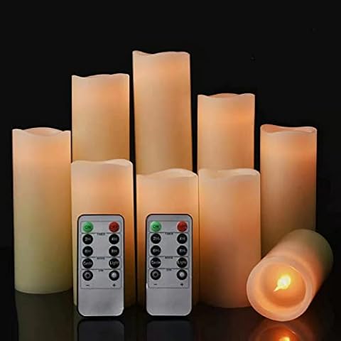 Flameless LED Candles Battery Operated H4/5"/6"/7''/8''/9'', Set of 9 Flickering Real Wax Pillar Candles, Realistic Electric Candle Light, 10-Key Remote Control with 24-Hour Timer Function (Ivory) Cover
