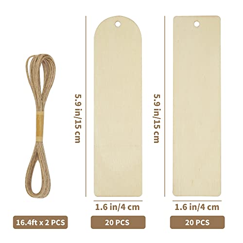 Temlum 40 Pcs Wooden Bookmark Blanks With Jute Ropes, 1.6″ X 5.9″ Unfinished Wood Pieces For Diy Bookmarks, Stocking Name Tags, Labels, Wood Craft Supplies #TOP1
