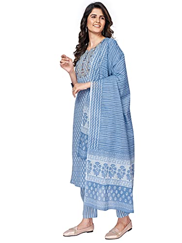 Image of Vbuyz Women's Printed & sequience work A-line Cotton Pink Kurta Pant With Dupatta