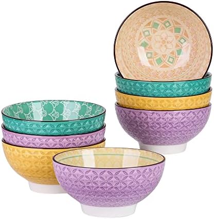 vancasso Natsuki Rice Bowl Porcelain Multi-Colour Patterned Japanese Style Crockery Cereal Bowl Serving Bowl Set of 4, Ideal for Soup/Mixing/Fruit/Noodle/Ramen/Snack