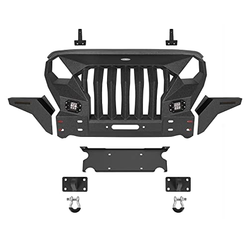 Hooke Road Mad Front Bumper Grille W/ Winch Plate & 2X 18W Led Spotlights For 2007-2018 Jeep Wrangler Jk & Unlimited 2/4 Doors #TOP6