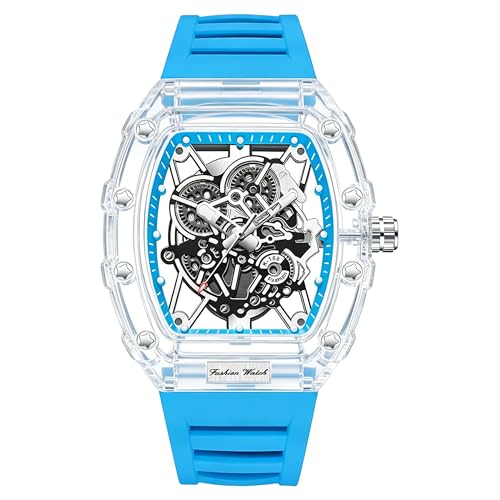 Gosasa Fashion Hollowed Men Watches Tonneau Transparent Analog Display Silicone Strap Calendar Quartz Waterproof Trend Male Wrist Watch (M-Blue)