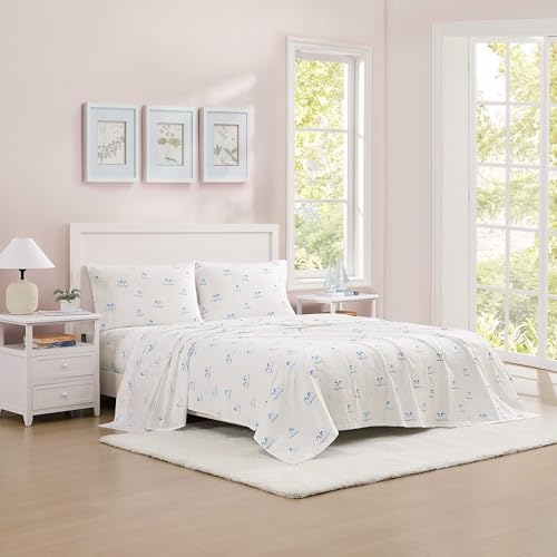 Image of Poppy & Fritz - Full Size Sheet Set, 100% Long-Staple Percale Cotton Bedding, Crisp & Cool, Deep Pockets, Bed Sheets with Matching Fitted Sheet & Pillowcases (Tweet Tweet Birds Blue)