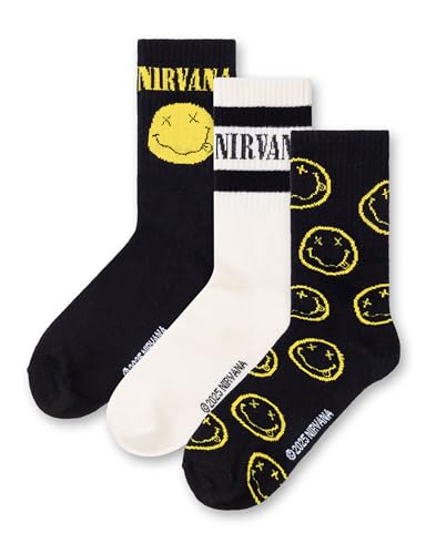 Nirvana Mens Black, White & Yellow Calf Socks Set of 3 | Classic Logo 3 Pack with Smiley Face Design | Everyday Wear Socks | Music Band Merchandise Merch