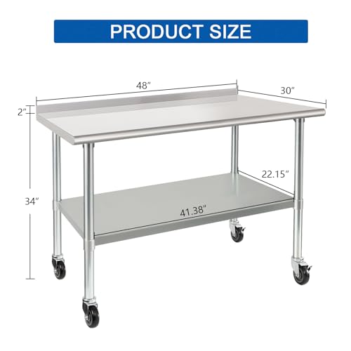 Image of HARDURA Stainless Steel Table 30 x 48 Inches with Wheels Casters NSF Heavy Duty Commercial Prep Table with 2 inch Backsplash and Adjustable Undershelf for Restaurant Kitchen Home and Hotel