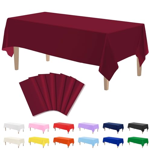 Image of Kopokita 6 Pack Burgundy Plastic Tablecloths Disposable 54 x 108 Inch | Rectangle Table Cloths, Party Table Covers for Birthday, Wedding, Valentines, Mothers Day, Christmas Decorations