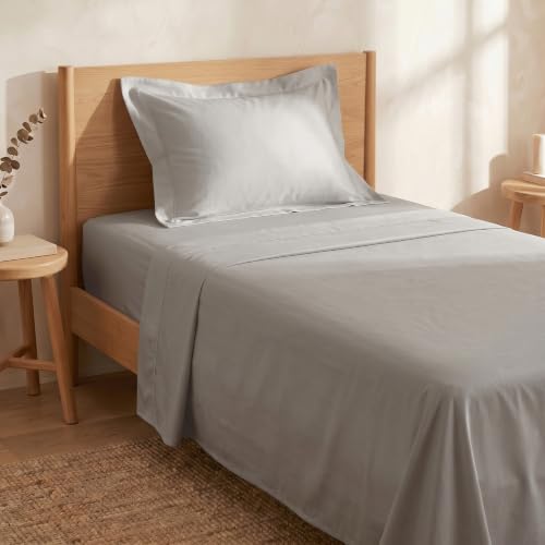 Image of Huesland Luxury 300 TC Pure Cotton Sateen Weave Single Bedsheet Set - Soft, Durable & Stylish | Glacier Grey | 88 x 55 inches
