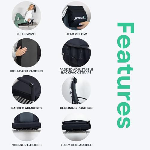 SitBax Padded Bleacher Seat – The Ultimate Reclining Stadium Chair with Full Back & Neck Support and 360° Swivel – Lightweight, Foldable, and Portable with Backpack Straps - Patent Pending - OG Black