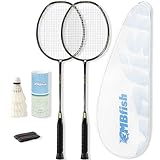 MBFISH Badminton Racket Set with 2 Carbon Fiber Rackets, 3 Shuttlecocks, 2 Replacement Racket Grip Tapes and 1 Badminton Bag - Perfect for Beginners & Outdoor Games 4U Black 2P