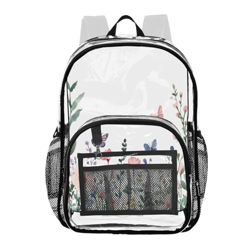 Wildflowers and Butterflies Clear Backpack - Stadium Approved Large 15.7-inch Waterproof Transparent Bag for Sports, Concerts, Work, Travel#292