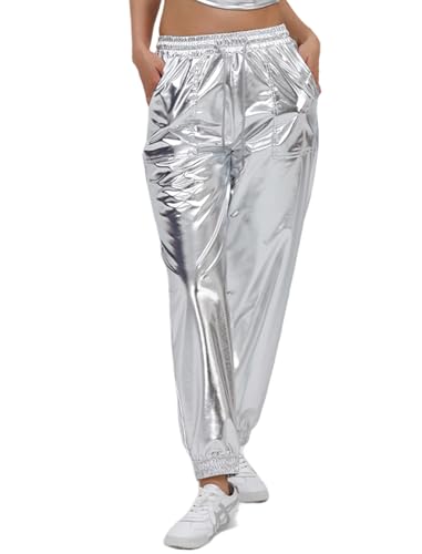 Image of AGYMNX Women Metallic Shiny Pants with Drawstring Jogger Casual Holographic Colour High Waisted Metallic Pants Drawstring with Pockets Disco Hip Hop Theme Party Silver M