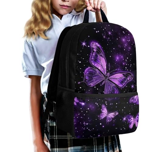 Purple Butterfly Print Backpack for Girls 5th Grade Girl Kids Backpack 15 Inch Fashion Rucksack Waterproof Travel Daypack, Back to School Gifts3