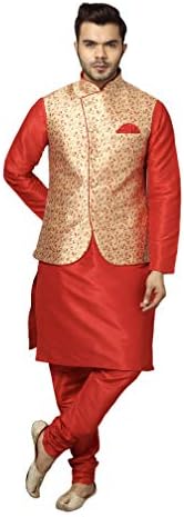 Uri and MacKenzie Men's Silk Blend Regular Kurta Churidar Pyjama with Bundi Nehru Jacket/Waistcoat