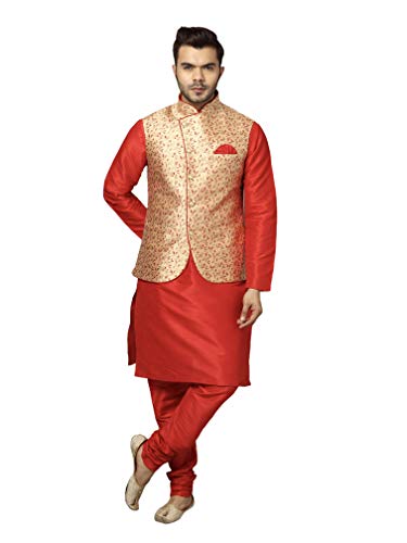 Uri and MacKenzie Men's Silk Blend Regular Kurta Churidar Pyjama with Bundi Nehru Jacket/Waistcoat