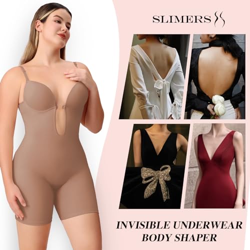 Image of Slimers Backless Shapewear Strapless Bodysuit - Low Back Women Body Shaper : Slimming Built In Bra With Plunge