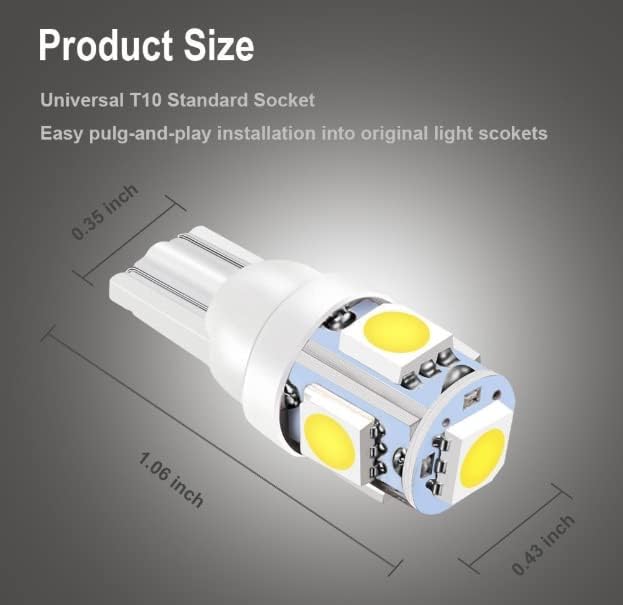 Miniatura 8 de BlyilyB Paquete de 20 bombillas blancas de repuesto # 194 T10 168 2825 W5W 175 158 Bombilla 5050 5 SMD LED 12V Iluminación interior del coche para