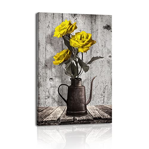 Rustic Rose Canvas Wall Art - Yellow Flower in Vase 10x15
